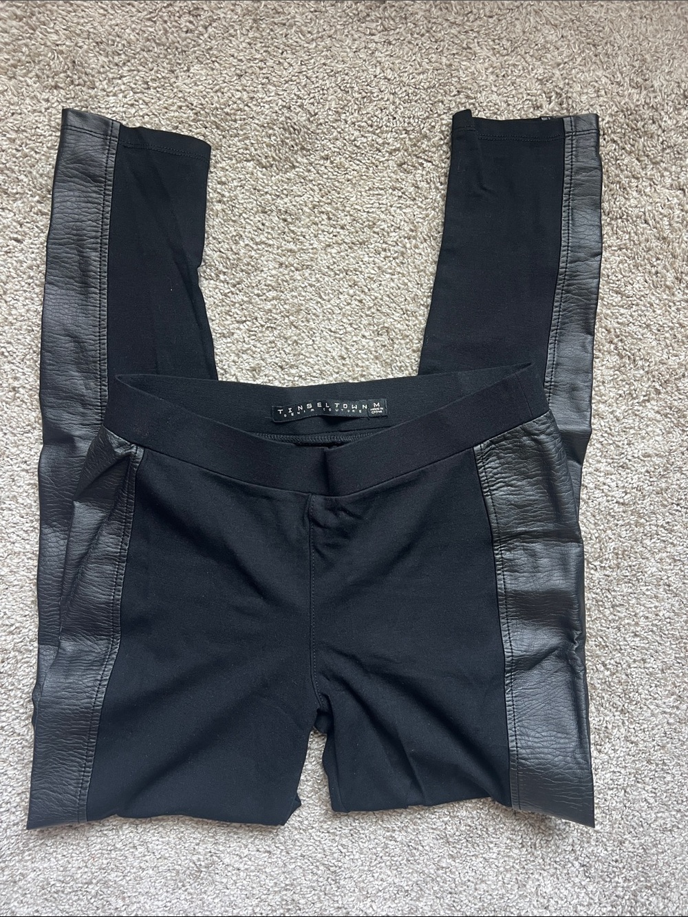 Tinseltown Black Leggings with Faux-Leather Side Panels